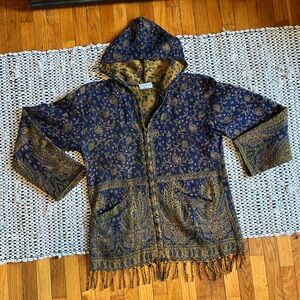 Tree of Life Blue Gold Pashmina Fringe Zip-Up Hoodie Jacket